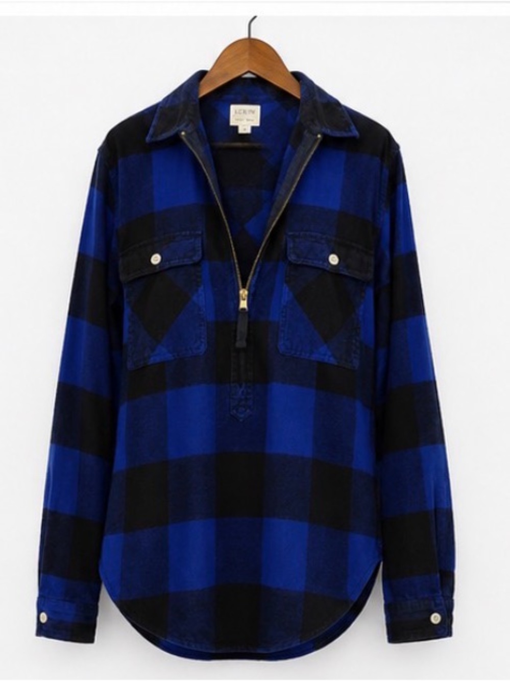 J.Crew Small Blue Black Buffalo Plaid Flannel 3/4 Zipper Pullover Shirt